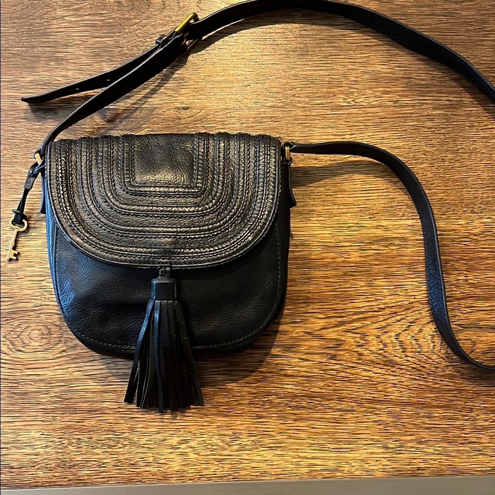 Black Fossil Leather Crossbody Bag